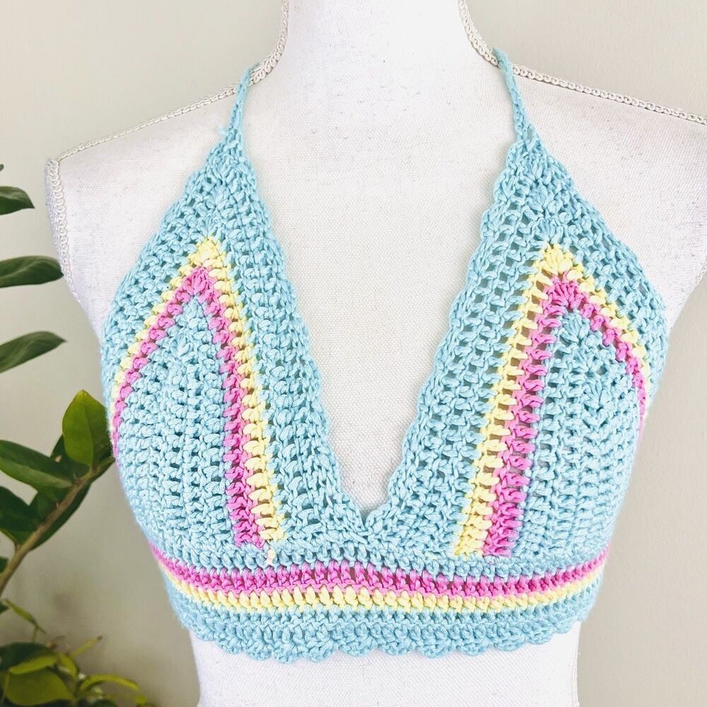 Handmade Pastel Colorful Crochet Halter Top Beach Festivals Boho Chic Summer Med